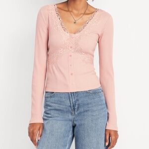 Old Navy Lace Trim V-Neck Ribbed Y2K Coquette Babydoll Long Sleeve Stretch Pink